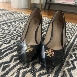 Tory Burch peep toe wedge heels ; patent